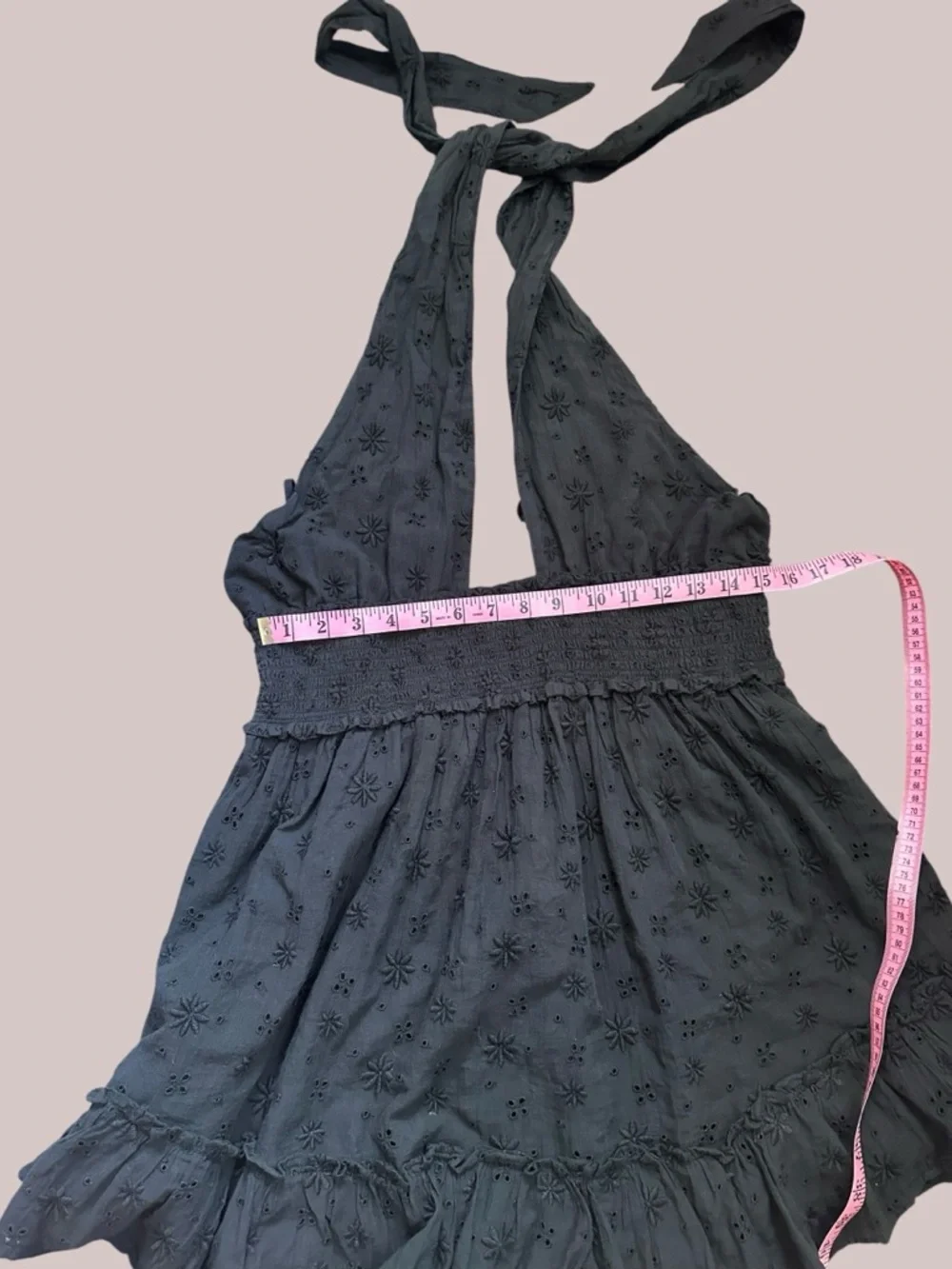 aerie Charcoal Eyelet Smocked Halter Mini Dress - Picture 4 of 6